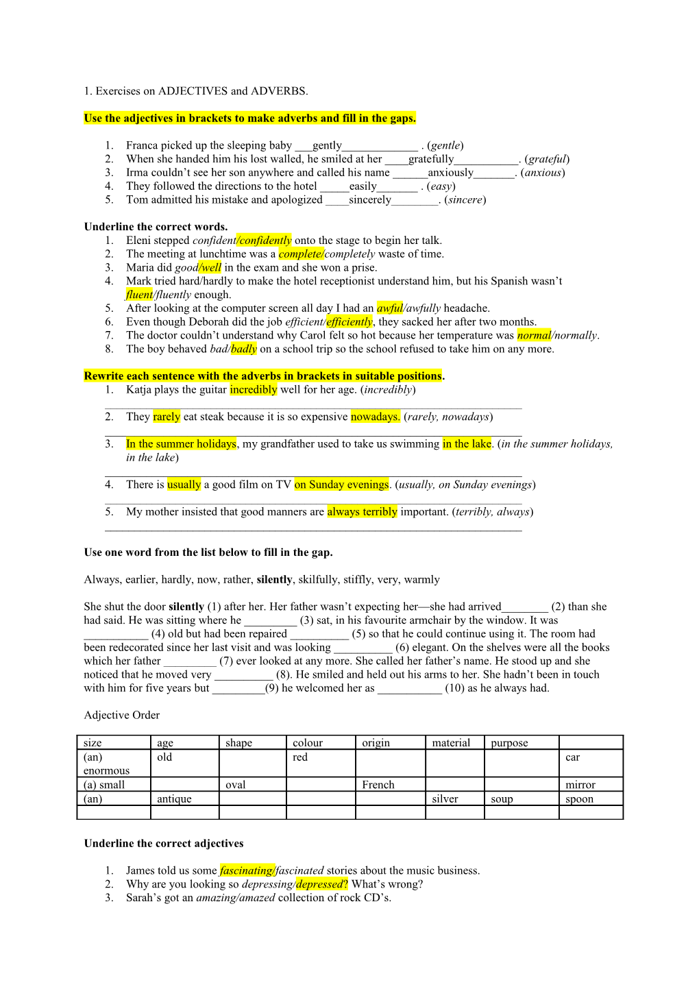 Exercises On ADJECTIVES And ADVERBS