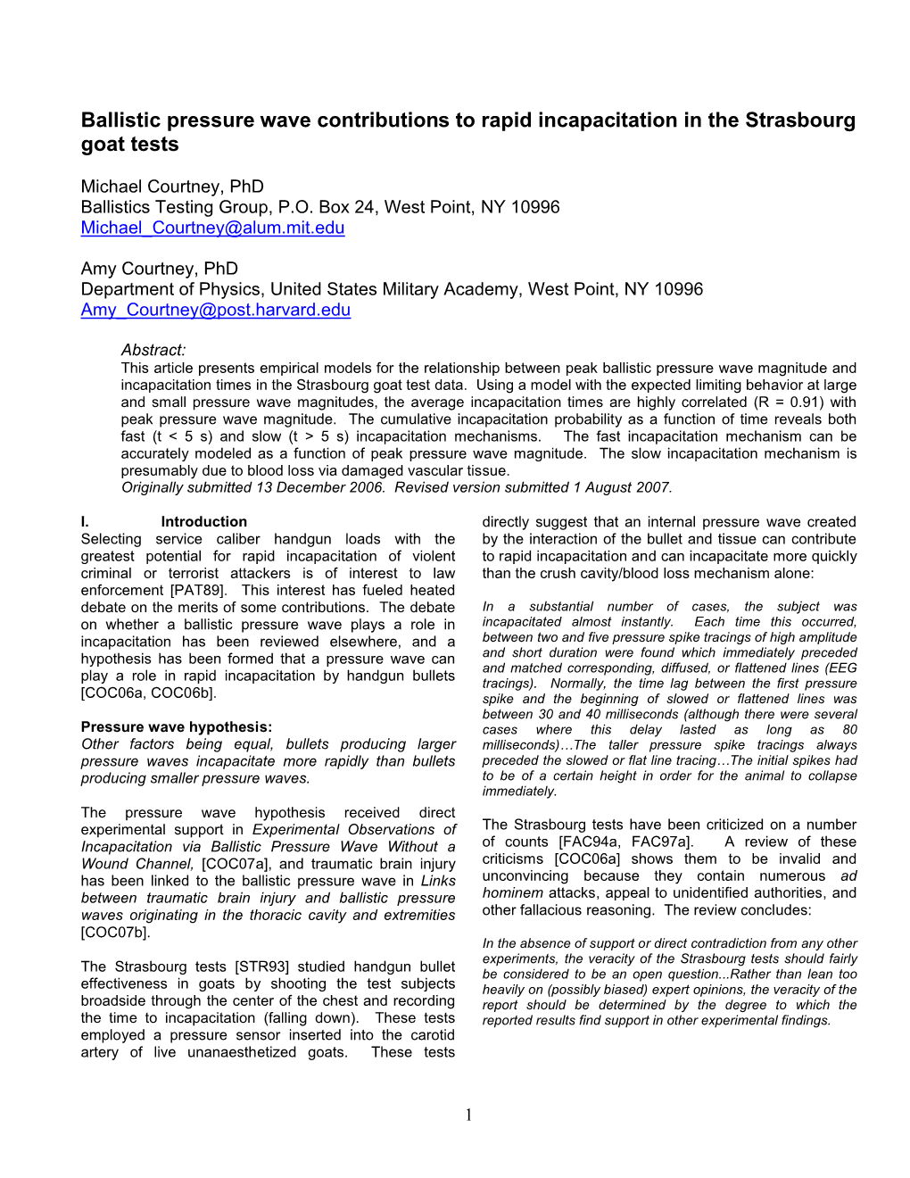 Ballistic Pressure Wave Contributions to Rapid Incapacitation in the Strasbourg Goat Tests