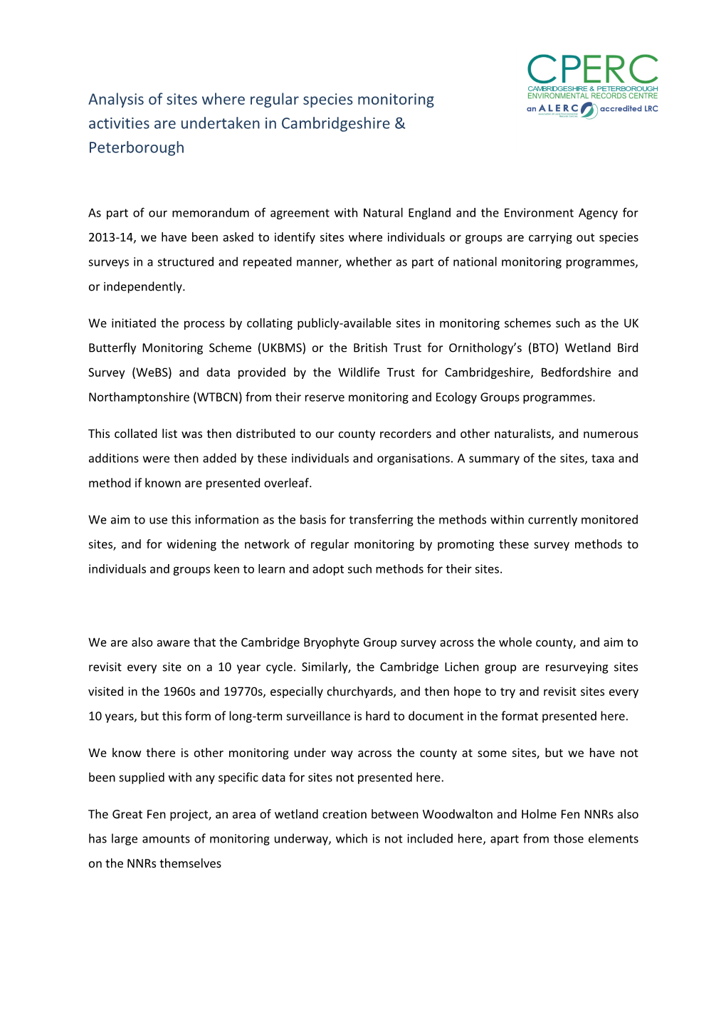 Analysis of Sites Where Regular Species Monitoring Activities Are Undertaken in Cambridgeshire & Peterborough