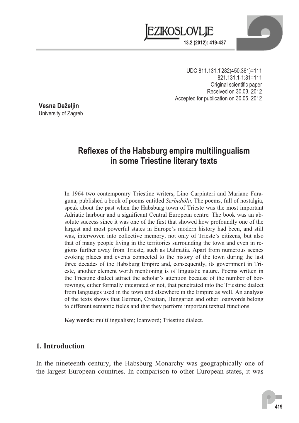 Reflexes of the Habsburg Empire Multilingualism in Some Triestine Literary Texts