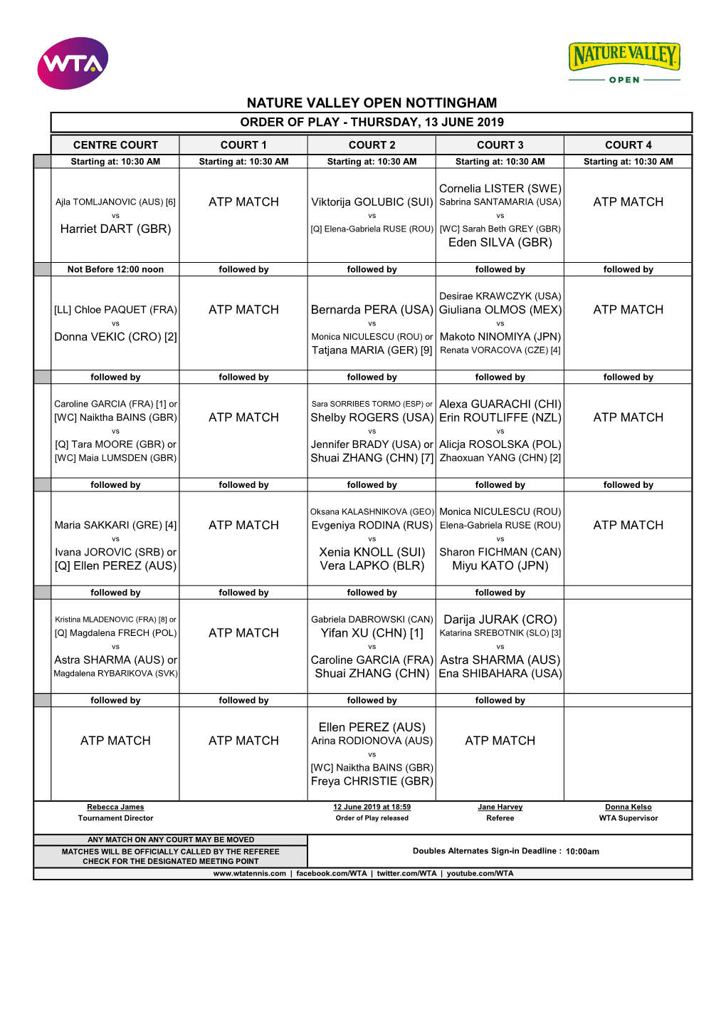 Nature Valley Open Nottingham Order of Play - Thursday, 13 June 2019