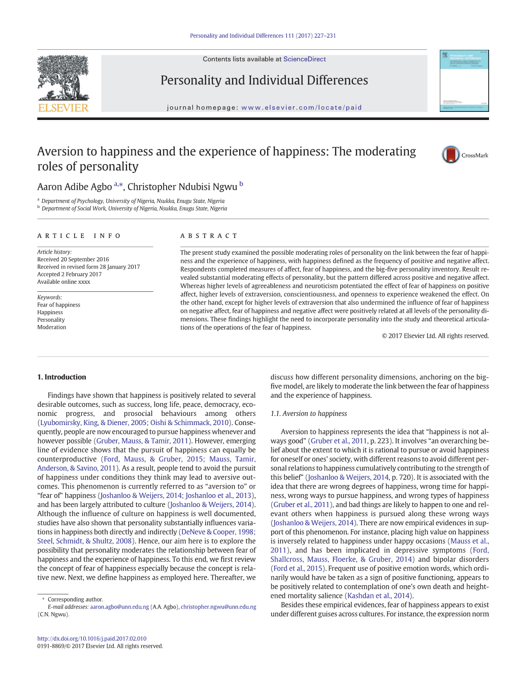 Aversion to Happiness and the Experience of Happiness: the Moderating Roles of Personality