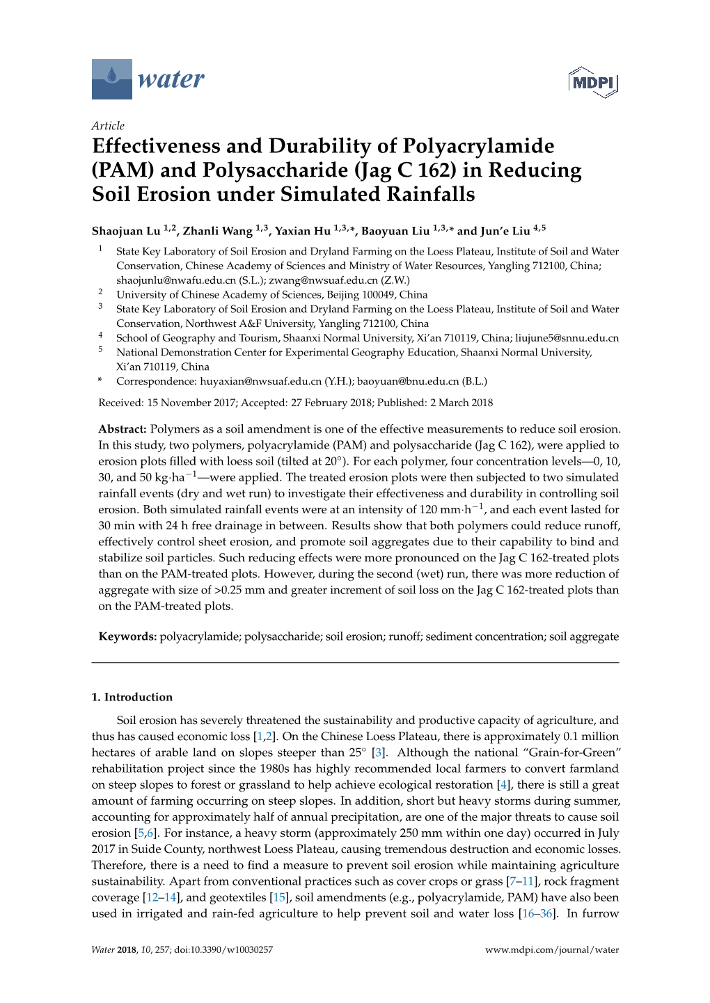 Effectiveness and Durability of Polyacrylamide (PAM) and Polysaccharide (Jag C 162) in Reducing Soil Erosion Under Simulated Rainfalls