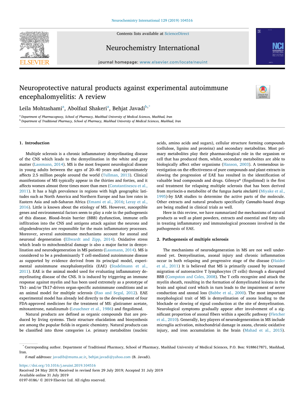 Neuroprotective Natural Products Against Experimental Autoimmune Encephalomyelitis: a Review T