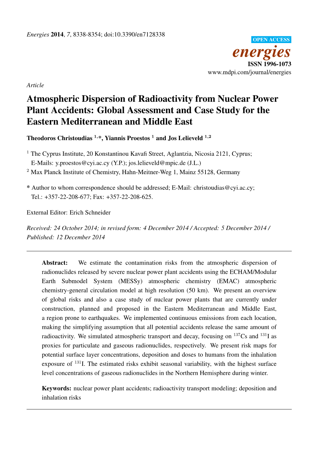 Atmospheric Dispersion of Radioactivity from Nuclear Power Plant Accidents: Global Assessment and Case Study for the Eastern Mediterranean and Middle East