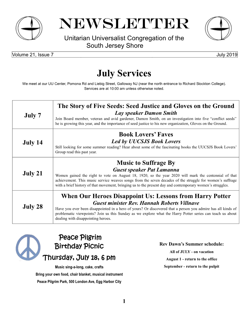Newsletter Unitarian Universalist Congregation of the South Jersey Shore Volume 21, Issue 7 July 2019
