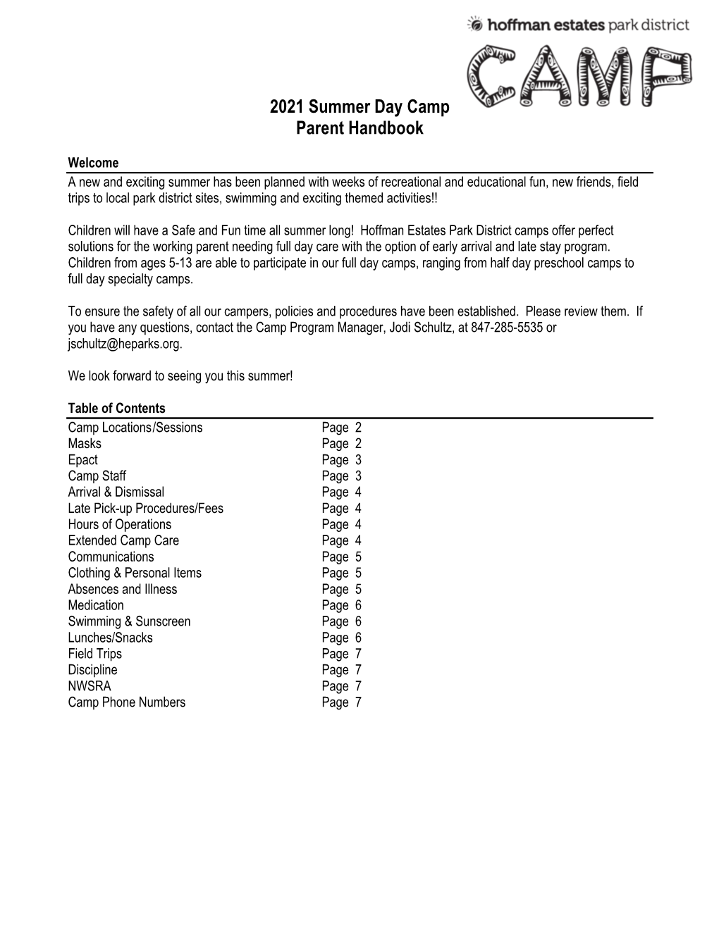 Summer Camp Parent Handbook