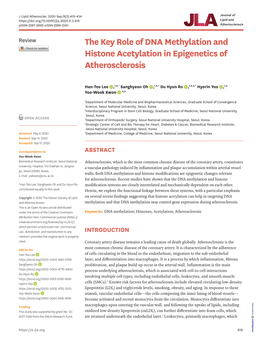 The Key Role of DNA Methylation and Histone Acetylation in Epigenetics of Atherosclerosis