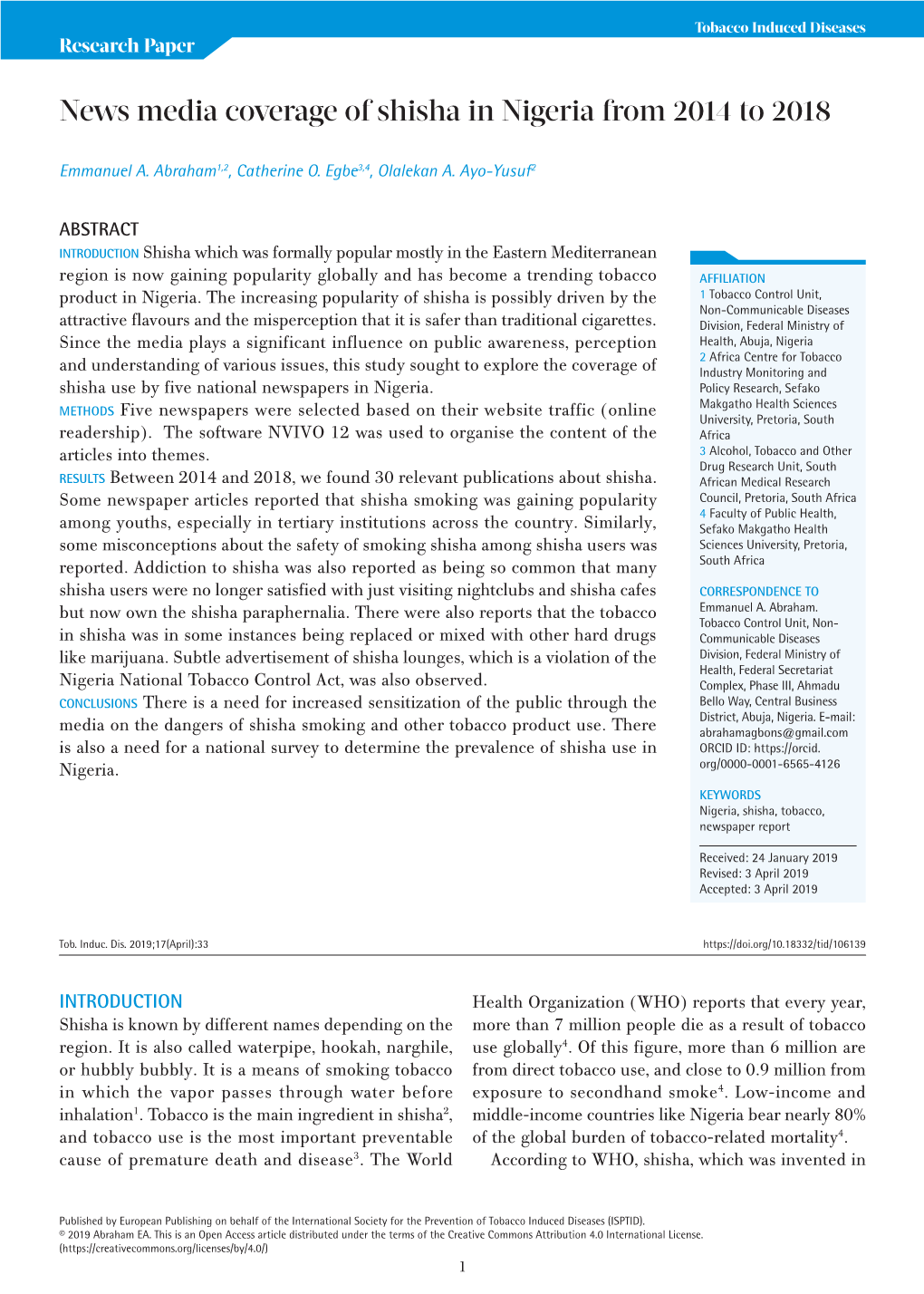 News Media Coverage of Shisha in Nigeria from 2014 to 2018