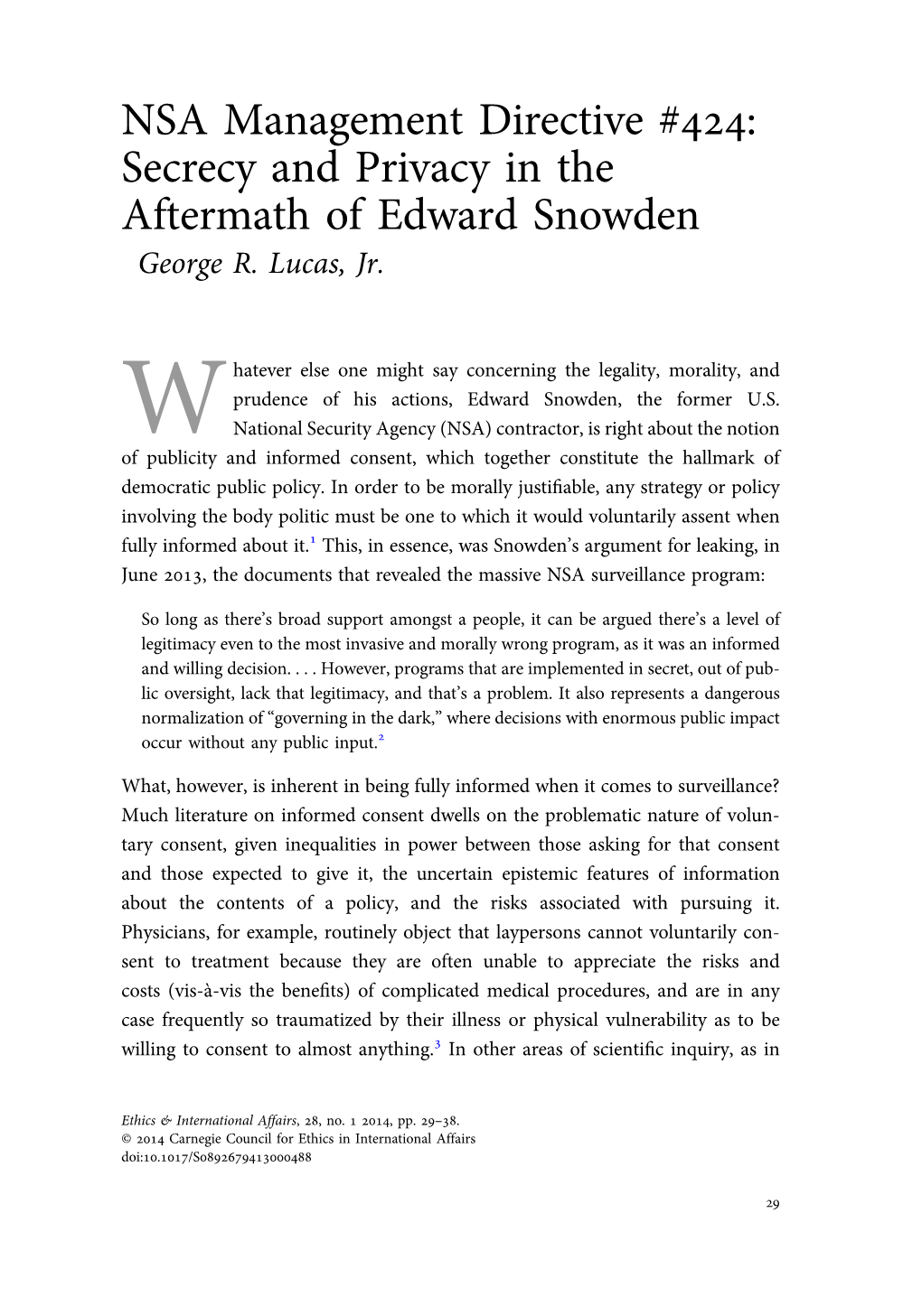 NSA Management Directive #: Secrecy and Privacy in the Aftermath of Edward Snowden George R