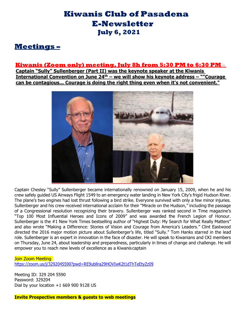 Kiwanis Club of Pasadena E-Newsletter July 6, 2021 Meetings –