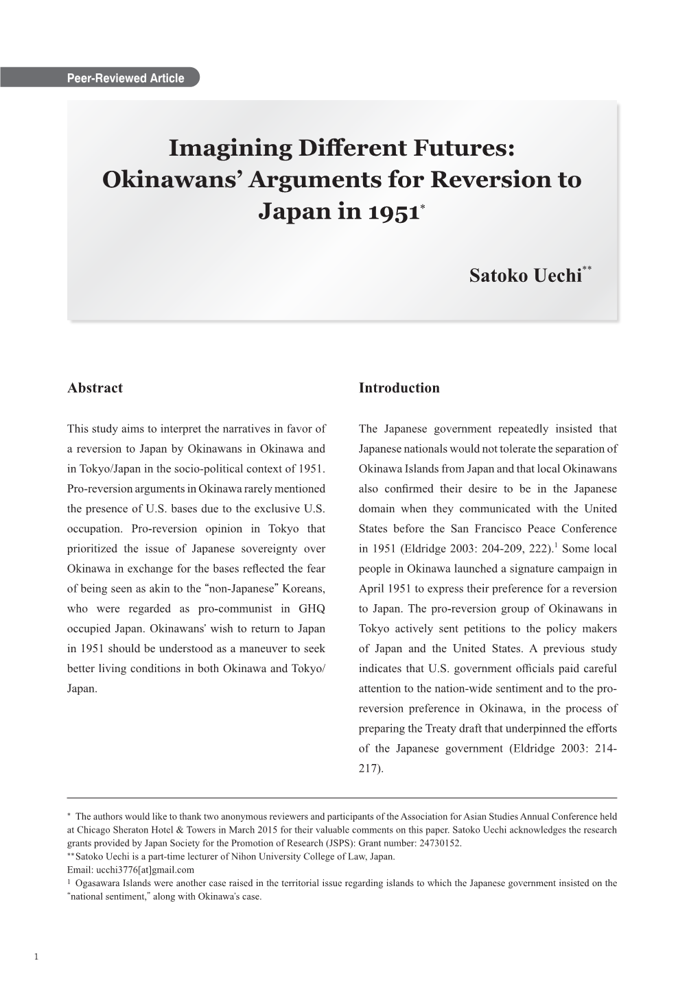 Okinawans' Arguments for Reversion to Japan in 1951