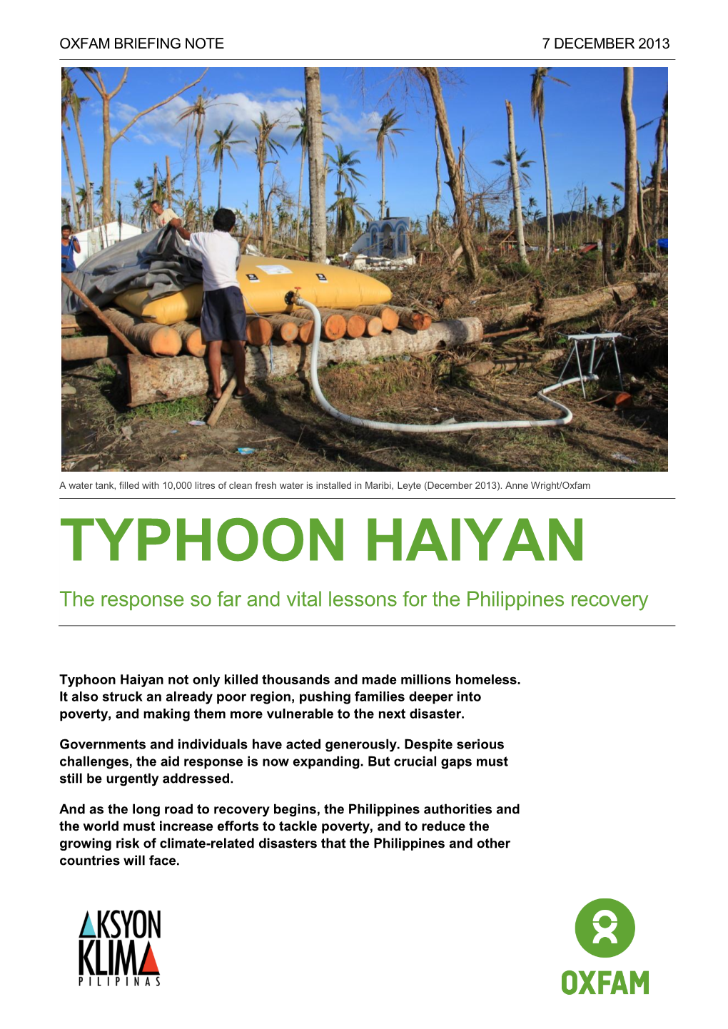 Typhoon Haiyan: the Response So Far and Vital Lessons for the Philippines Recovery