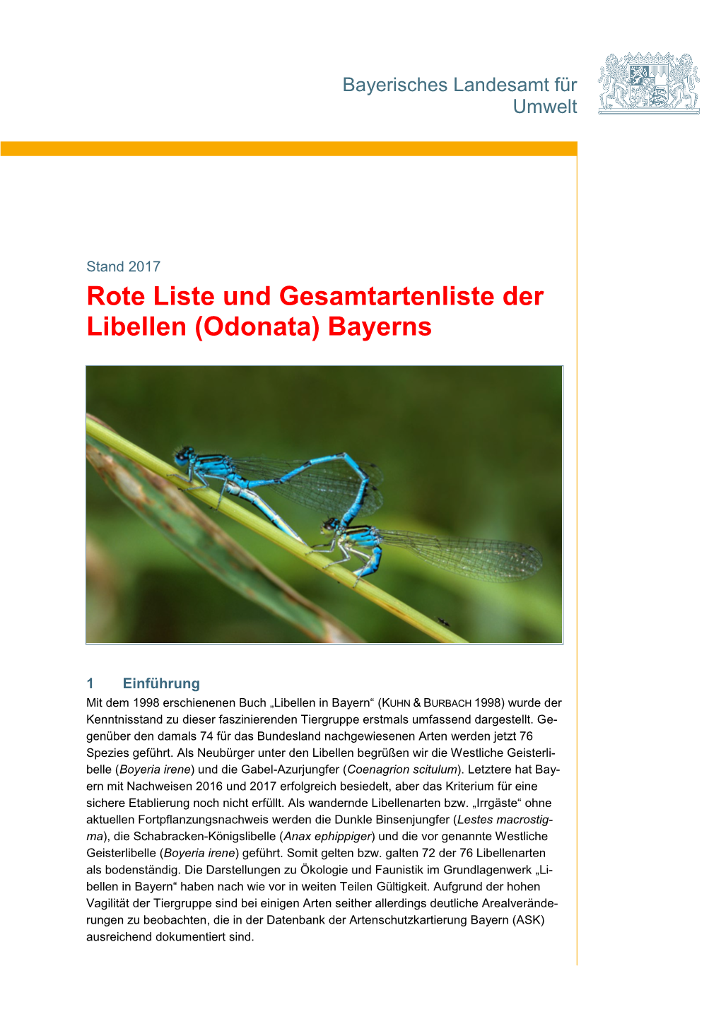 Rote Liste Und Gesamtartenliste Der Libellen (Odonata) Bayerns