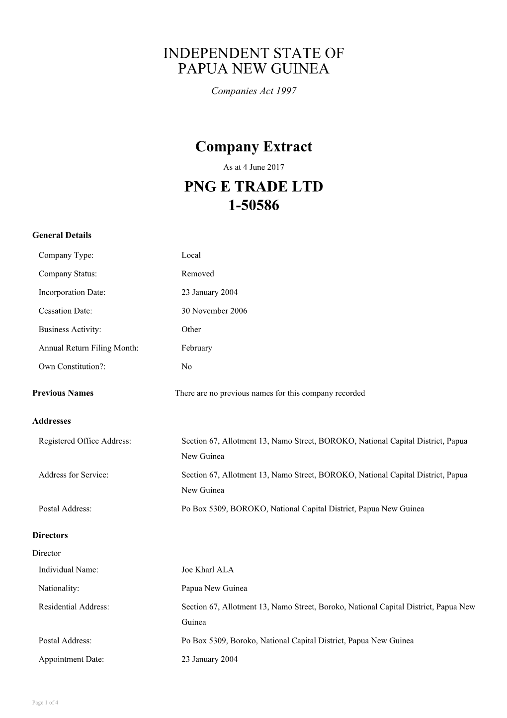 INDEPENDENT STATE of PAPUA NEW GUINEA Company Extract