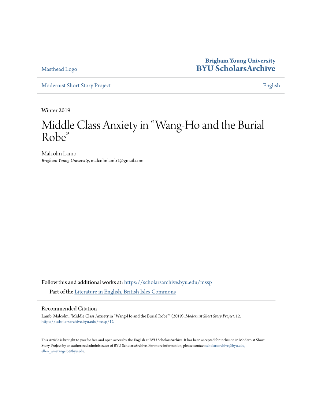 Middle Class Anxiety in “Wang-Ho and the Burial Robe” Malcolm Lamb Brigham Young University, Malcolmlamb1@Gmail.Com
