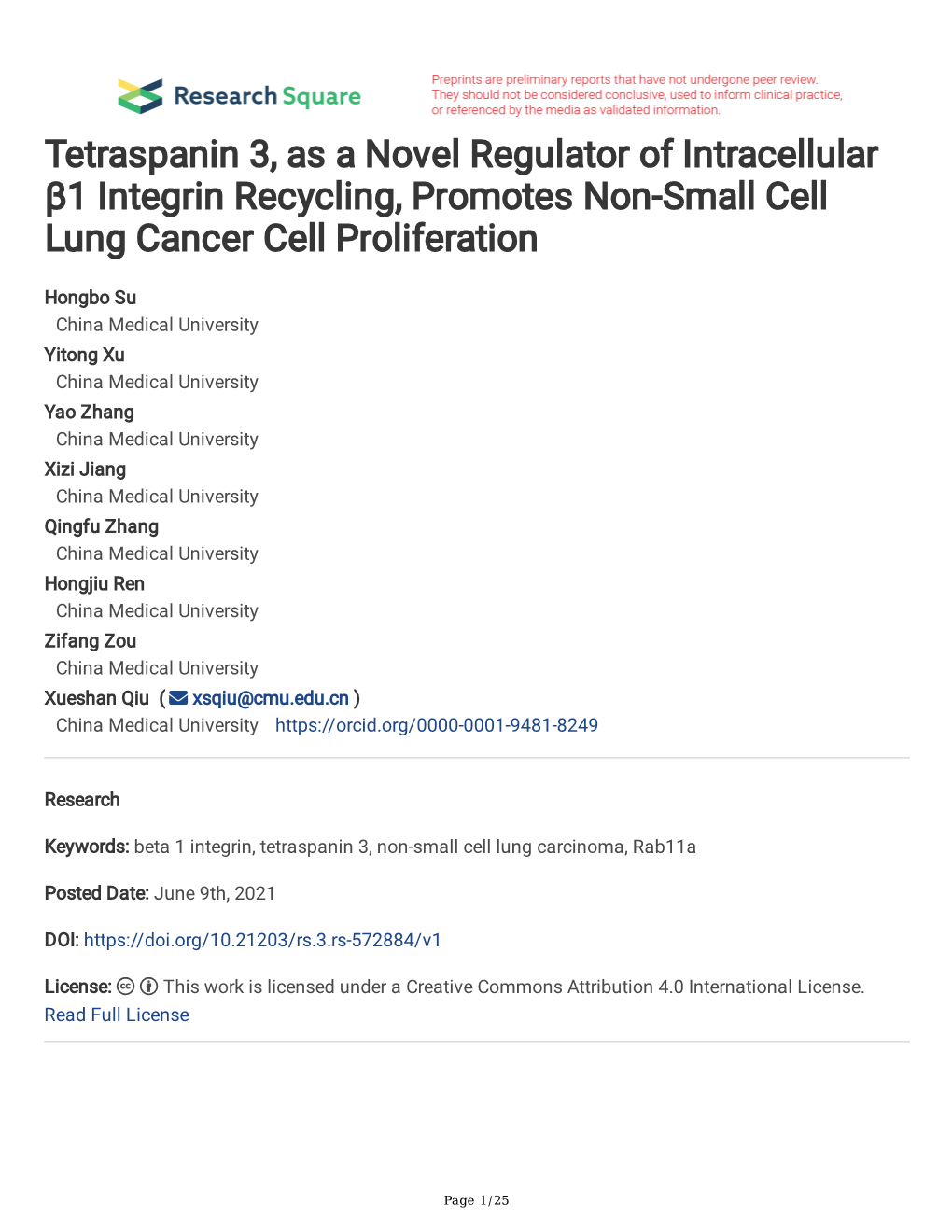 Tetraspanin 3, As a Novel Regulator of Intracellular Β1 Integrin Recycling, Promotes Non-Small Cell Lung Cancer Cell Proliferation