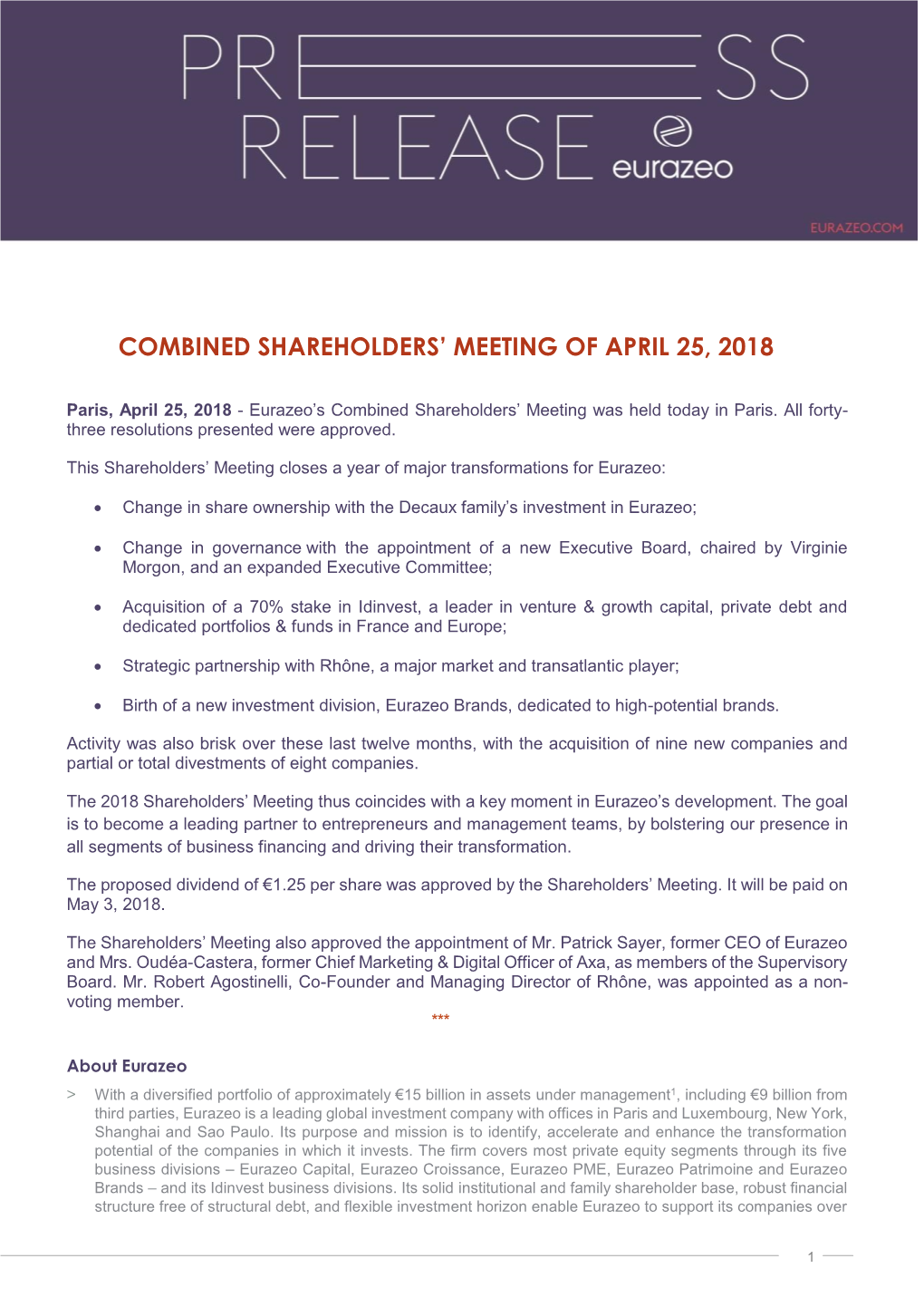 Combined Shareholders' Meeting of April 25, 2018