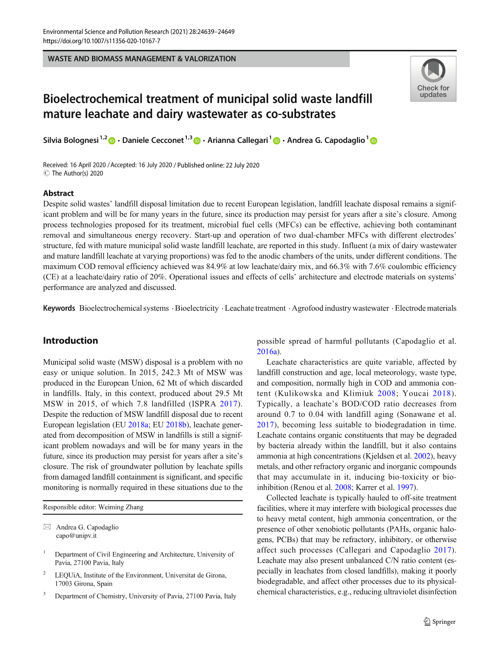 Bioelectrochemical Treatment of Municipal Solid Waste Landfill Mature Leachate and Dairy Wastewater As Co-Substrates