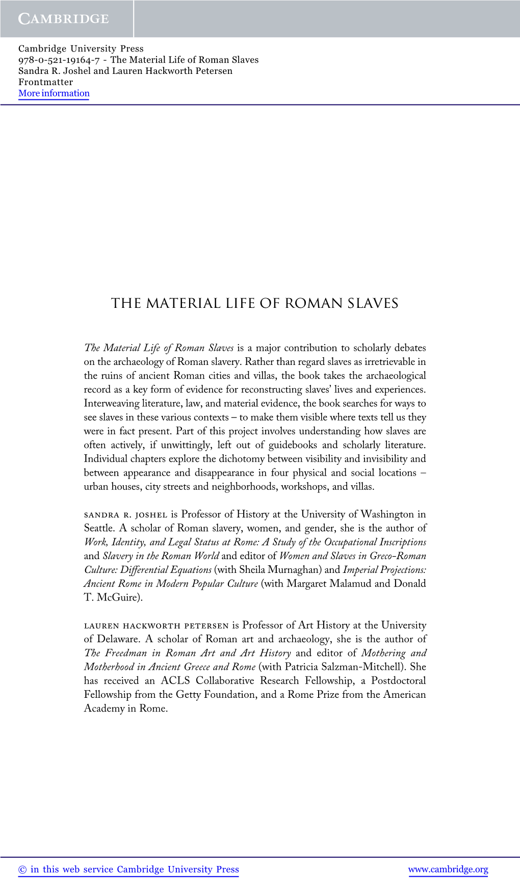 The Material Life of Roman Slaves Sandra R