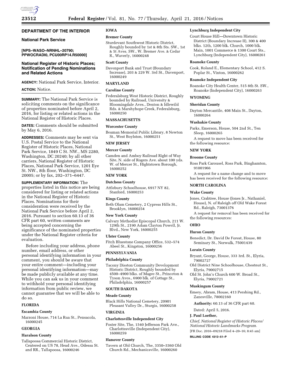 Federal Register/Vol. 81, No. 77/Thursday, April 21, 2016/Notices