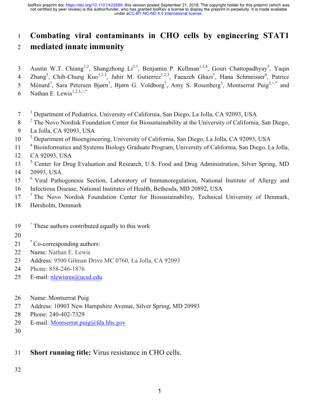 Combating Viral Contaminants in CHO Cells by Engineering STAT1 2 Mediated Innate Immunity