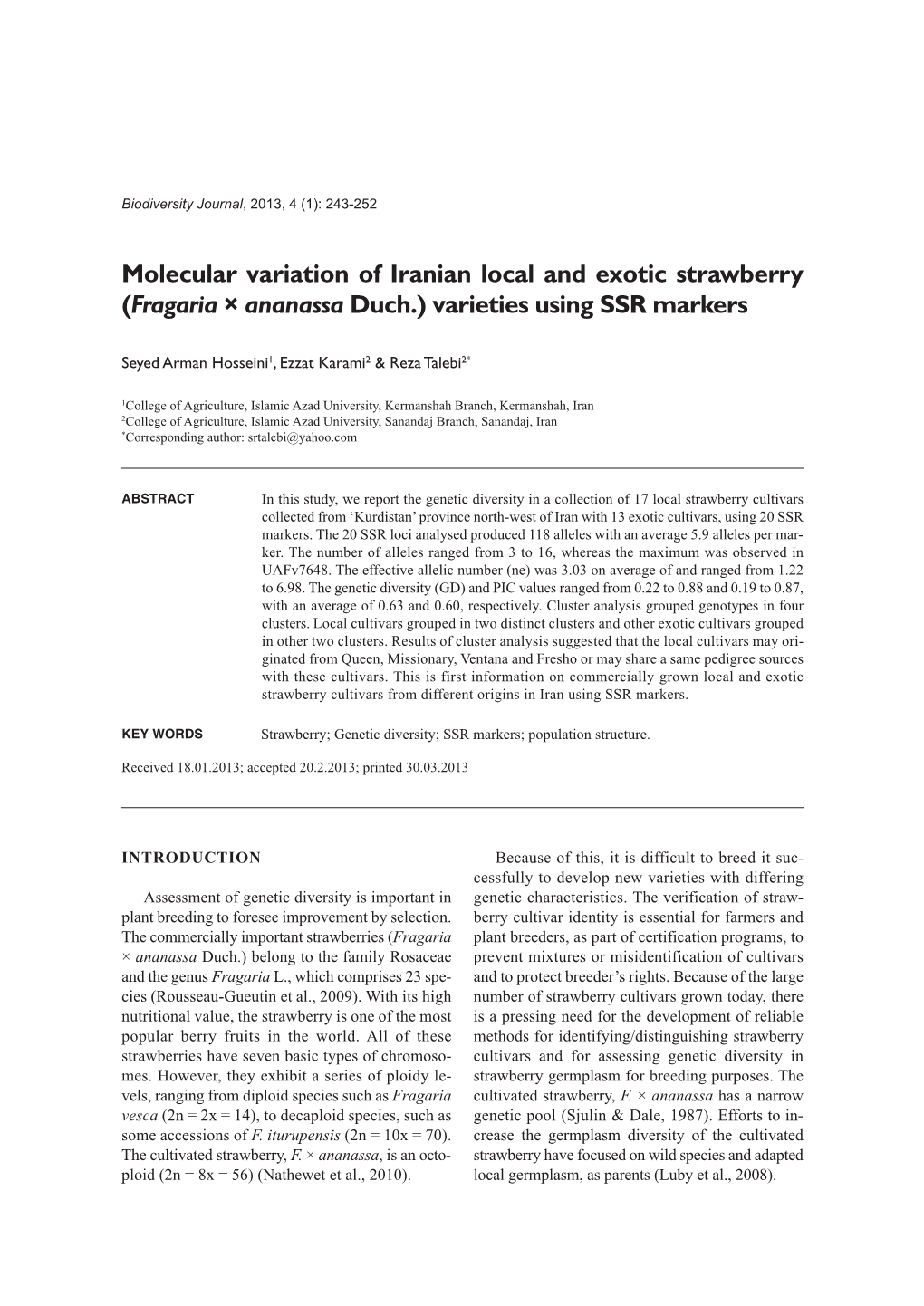 Molecular Variation of Iranian Local and Exotic Strawberry (Fragaria × Ananassa Duch.) Varieties Using SSR Markers