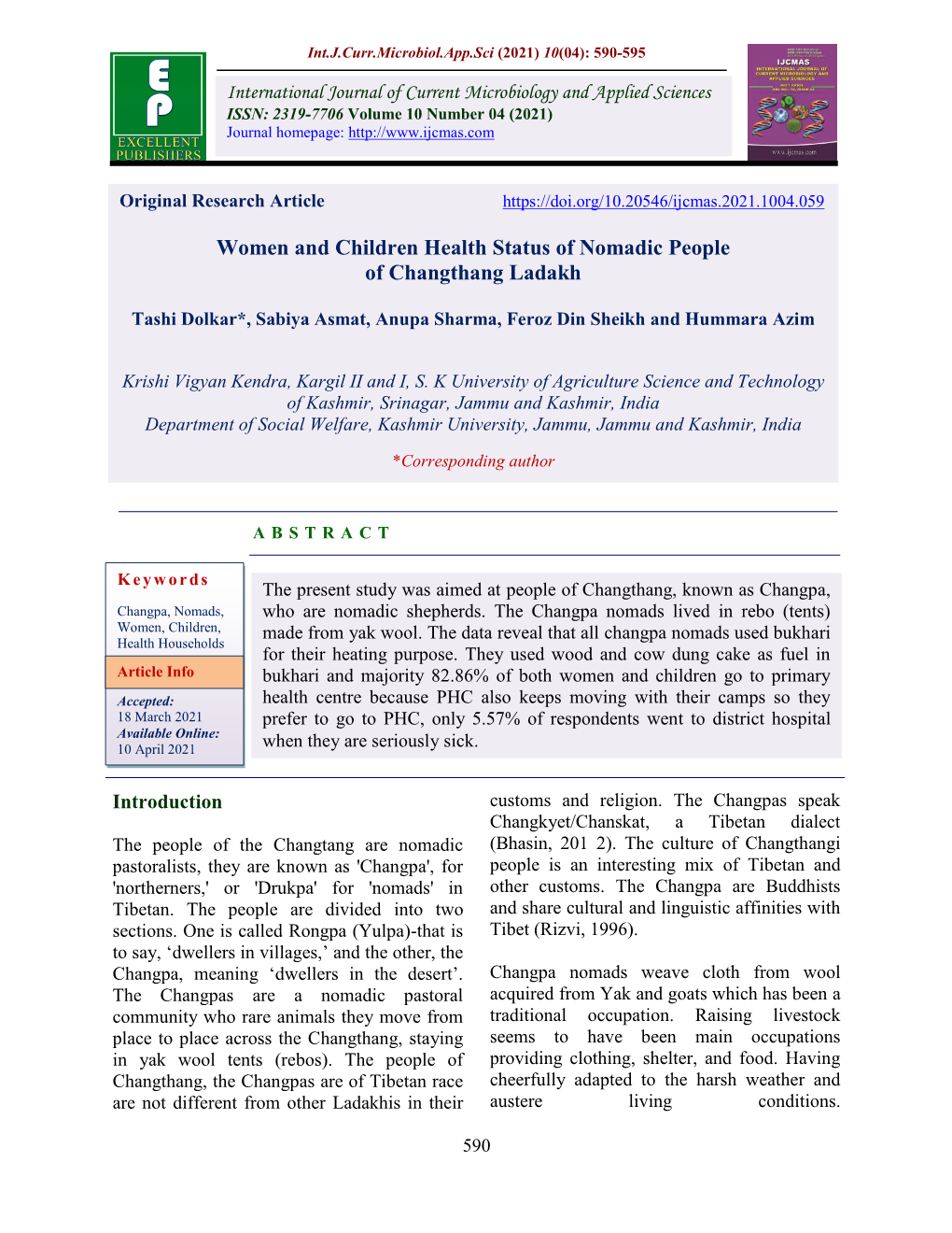 Women and Children Health Status of Nomadic People of Changthang Ladakh