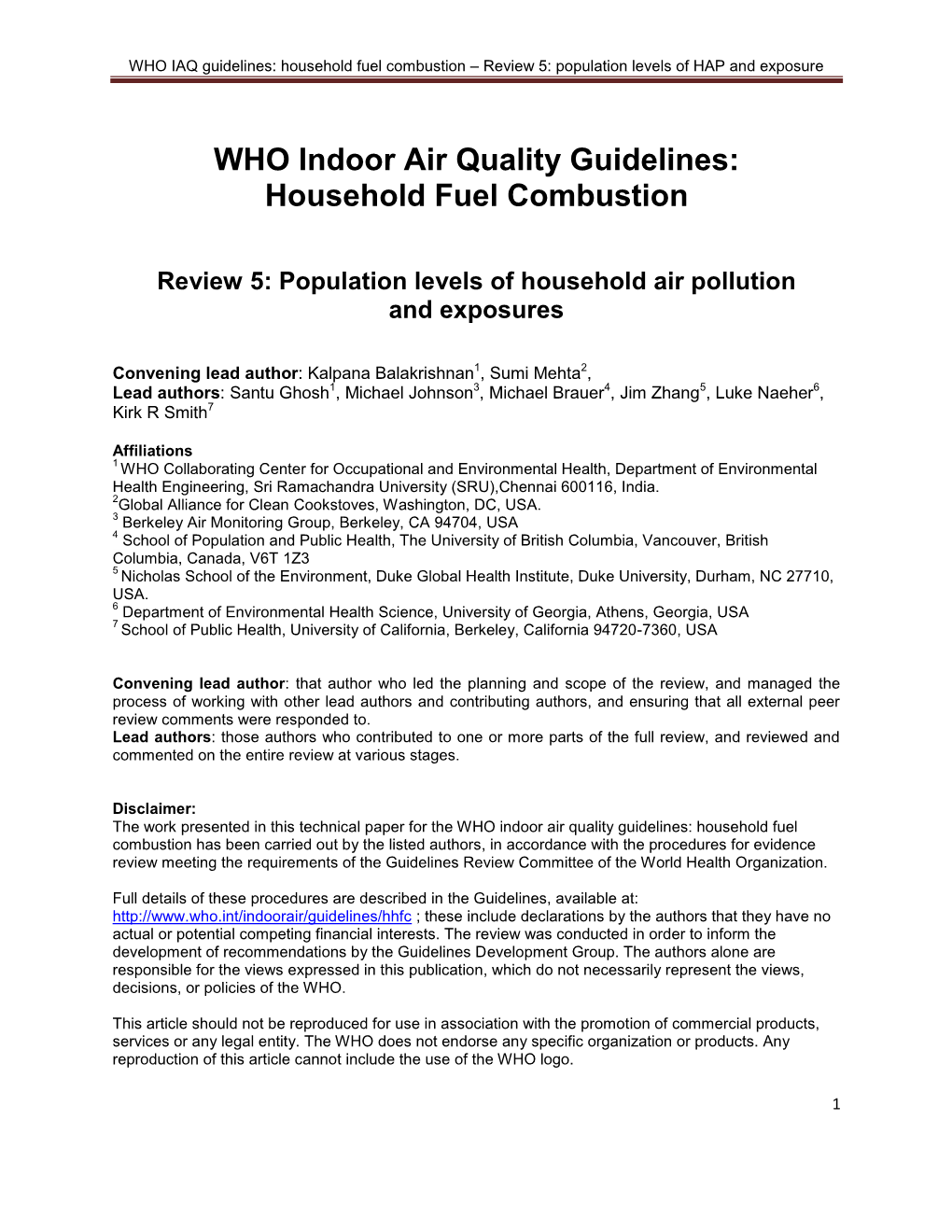 Household Fuel Combustion – Review 5: Population Levels of HAP and Exposure