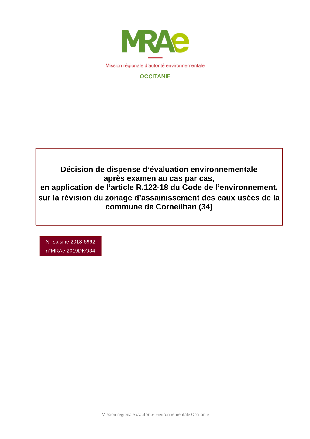 Décision De Dispense D'évaluation Environnementale Après Examen