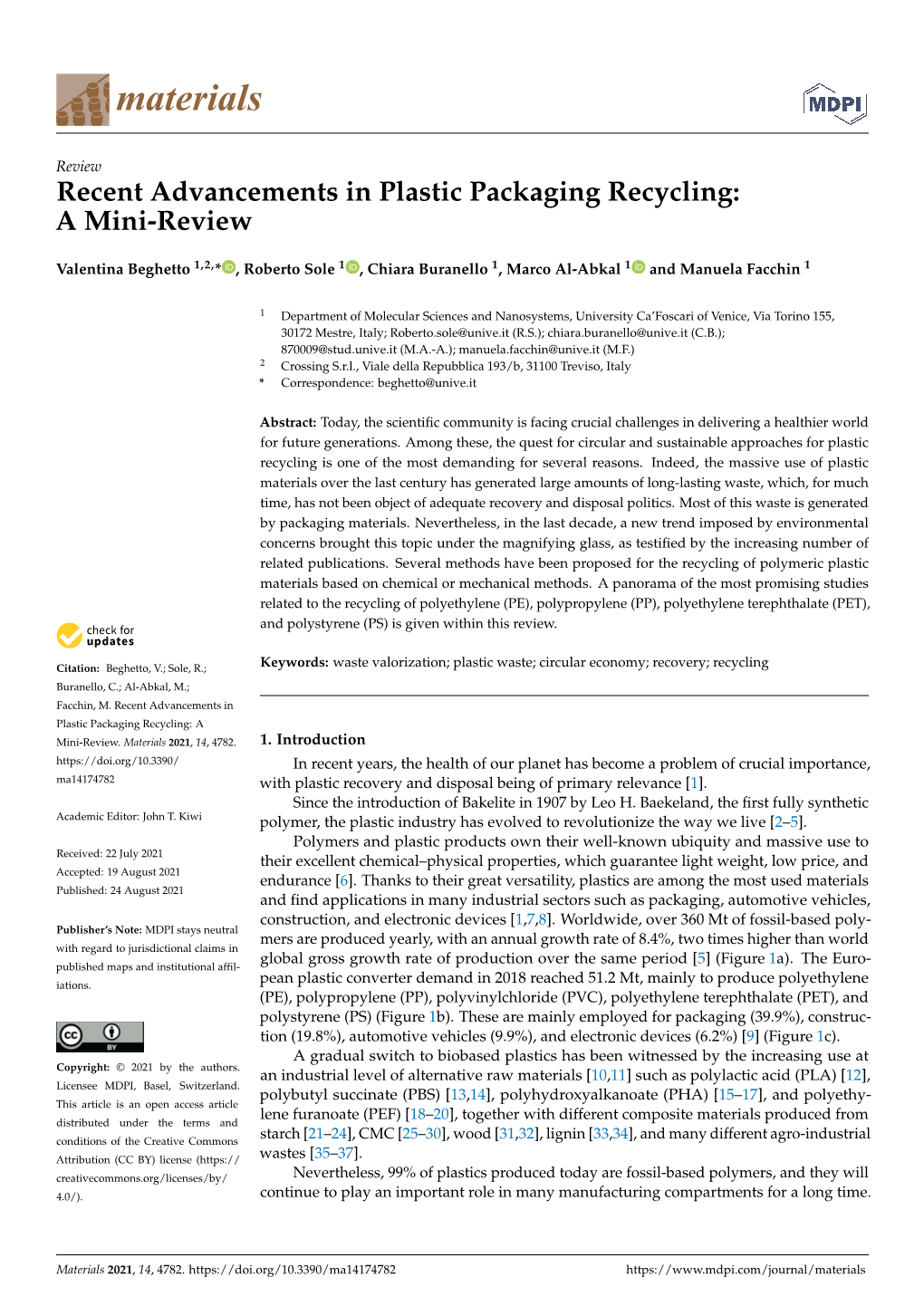 Recent Advancements in Plastic Packaging Recycling: a Mini-Review