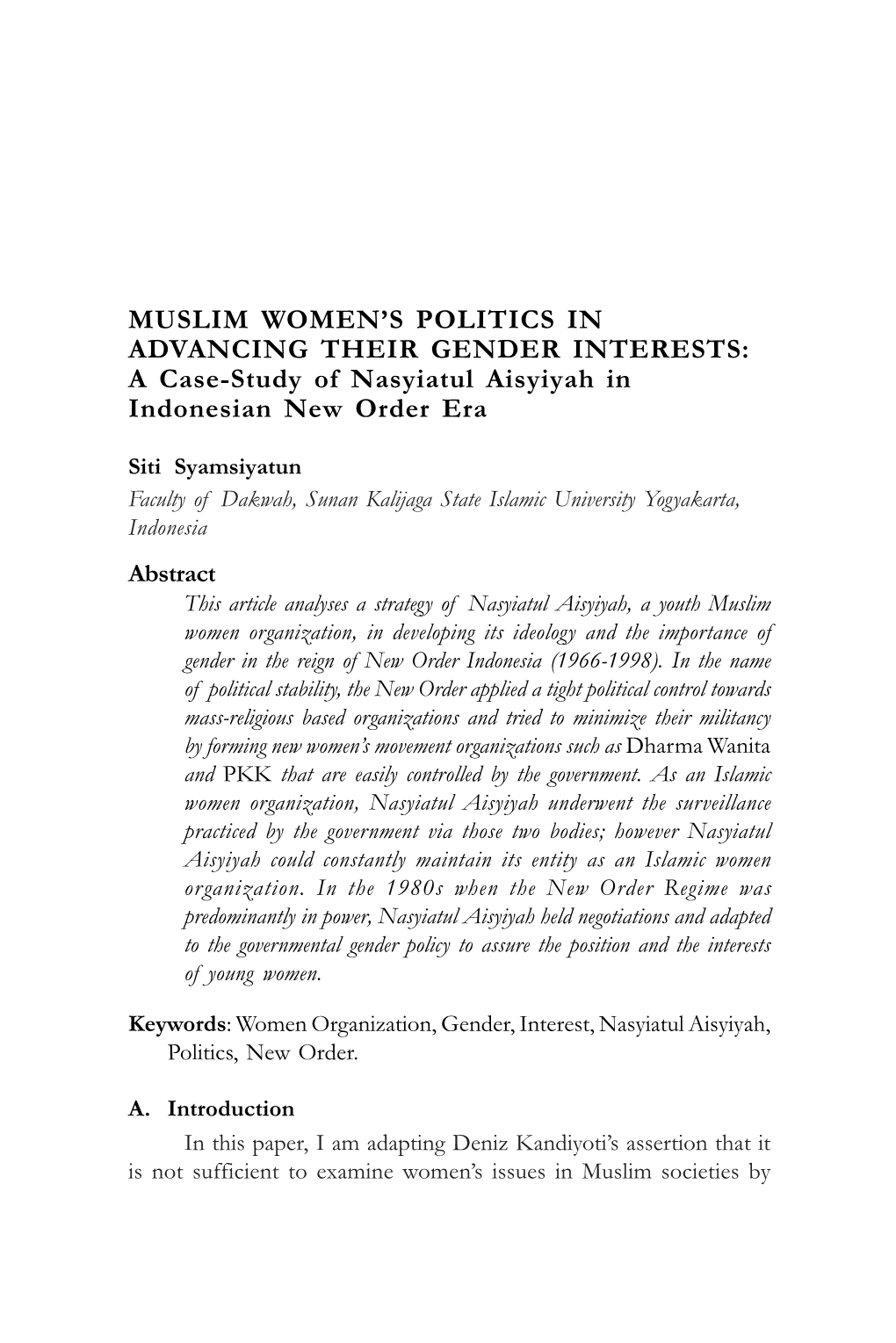 Muslim Women's Politics in Advancing Their Gender