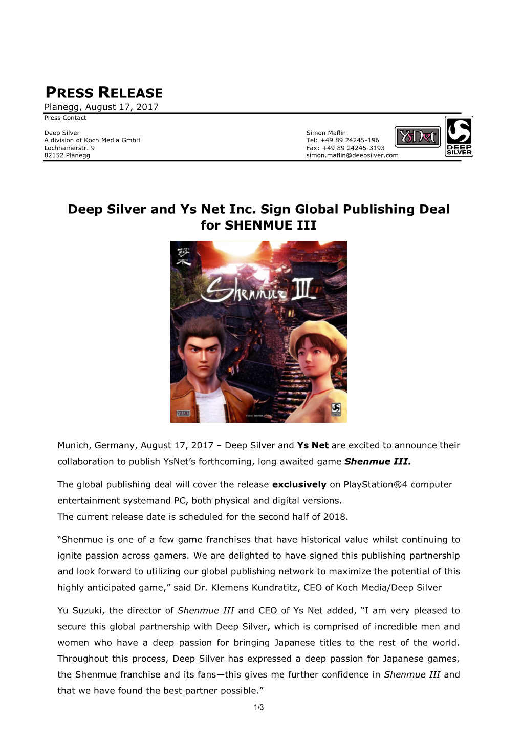 PRESS RELEASE Deep Silver and Ys Net Inc. Sign Global Publishing Deal for SHENMUE