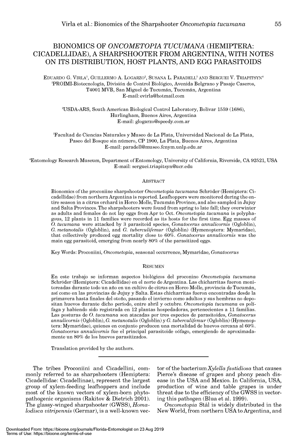 Bionomics of Oncometopia Tucumana (Hemiptera: Cicadellidae), a Sharpshooter from Argentina, with Notes on Its Distribution, Host Plants, and Egg Parasitoids