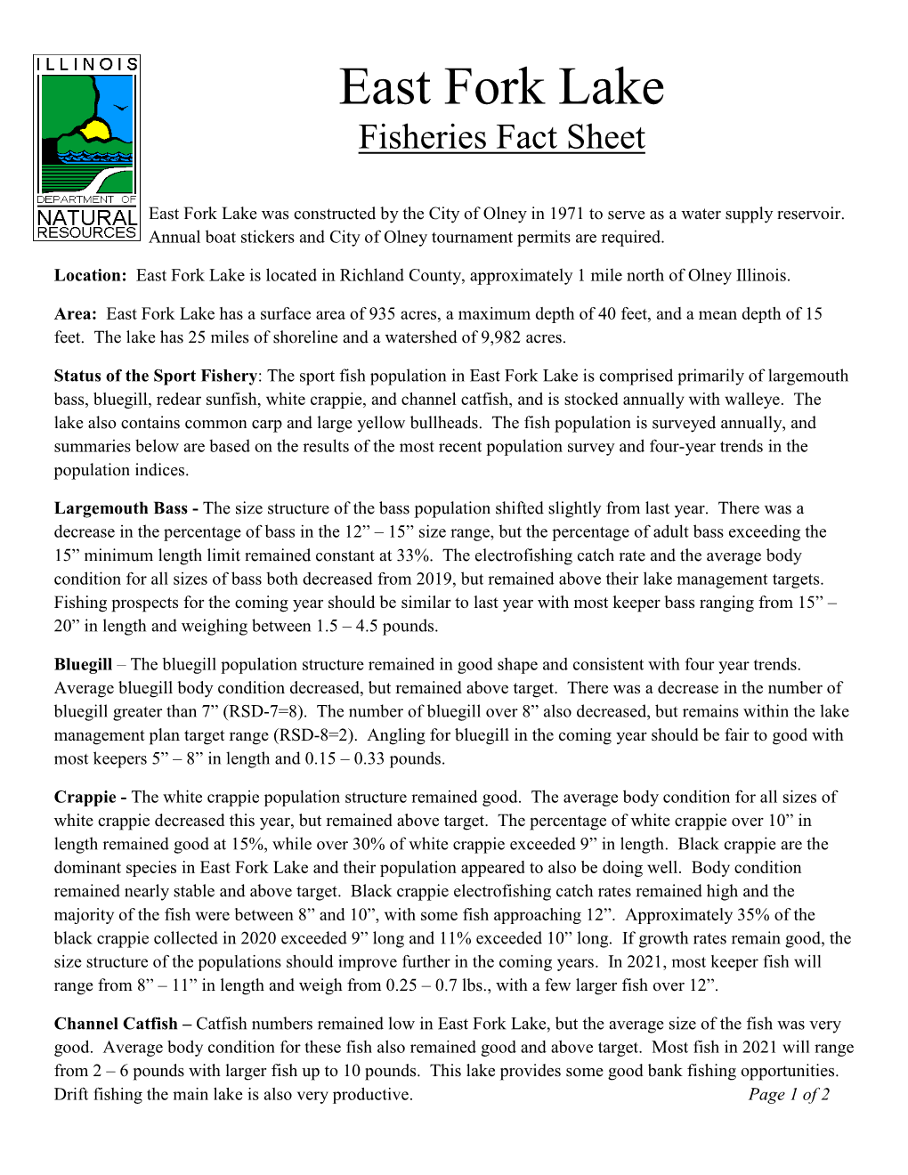 East Fork Lake Fisheries Fact Sheet