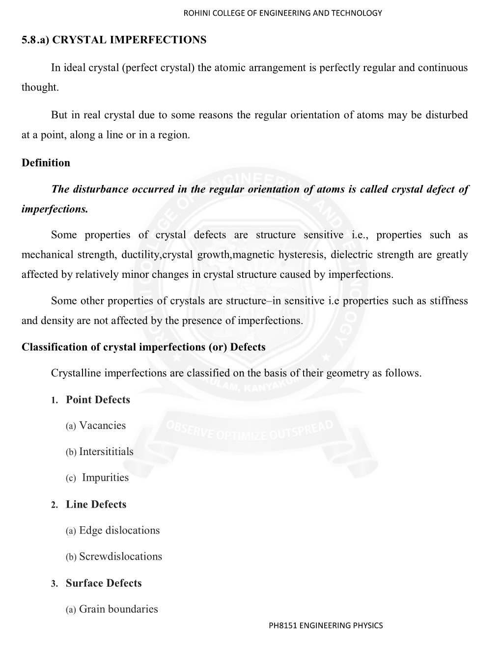 5.8 .A) CRYSTAL IMPERFECTIONS in Ideal Crystal (Perfect Crystal) the Atomic Arrangement Is Perfectly Regular and Continuous Thou