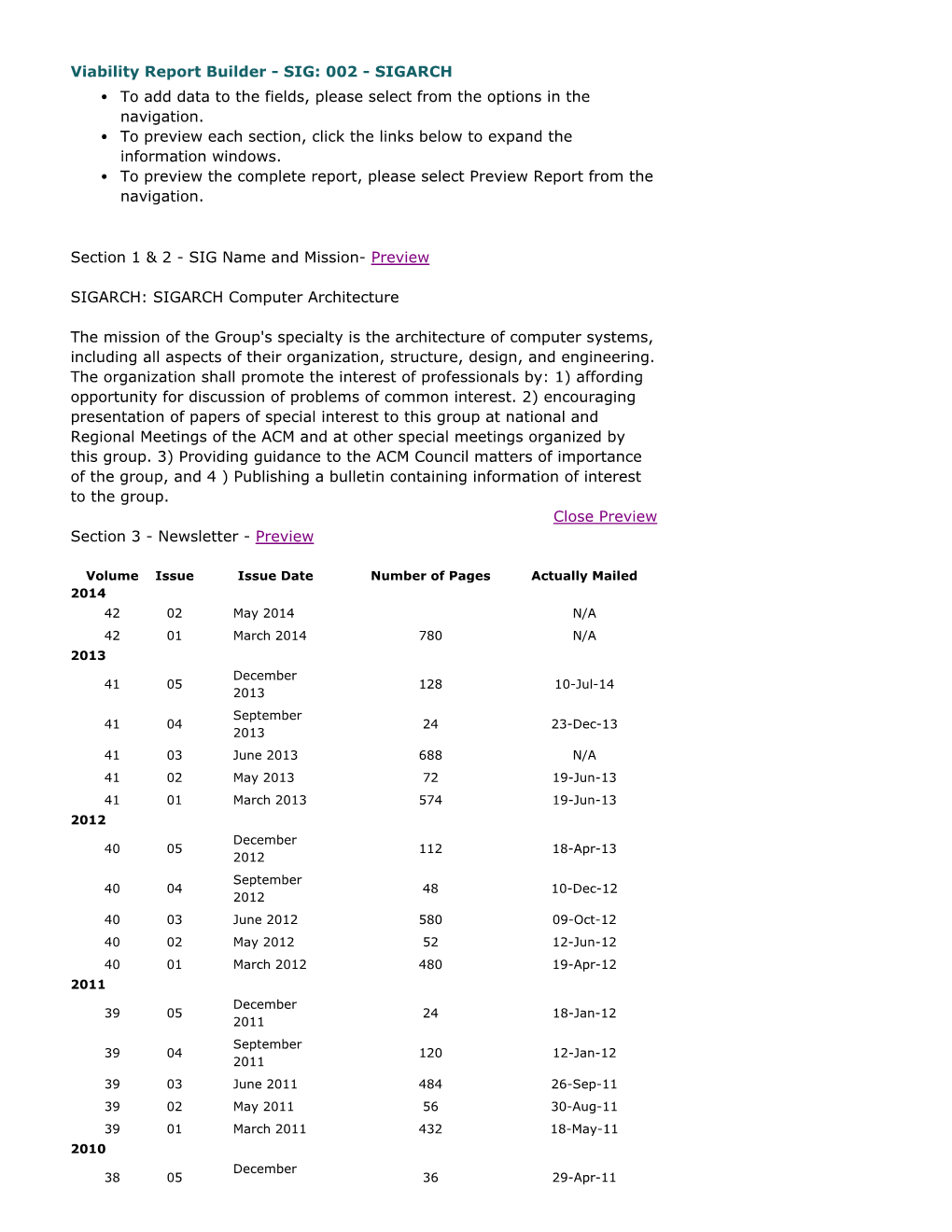 Viability Report Builder - SIG: 002 - SIGARCH to Add Data to the Fields, Please Select from the Options in the Navigation