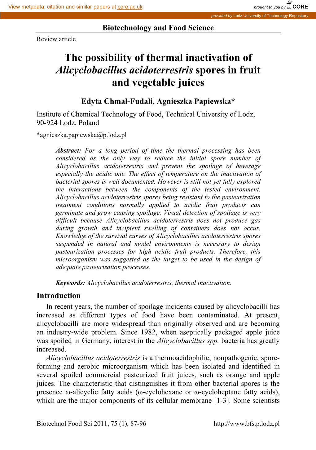 The Possibility of Thermal Inactivation of Alicyclobacillus Acidoterrestris Spores in Fruit and Vegetable Juices