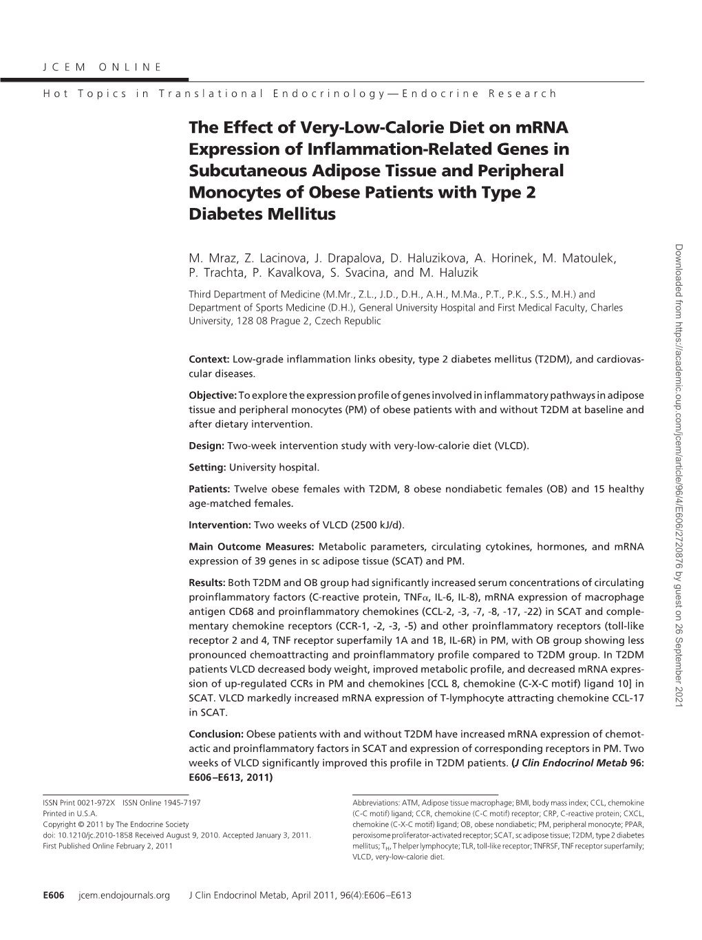 The Effect of Very-Low-Calorie Diet on Mrna Expression of Inflammation