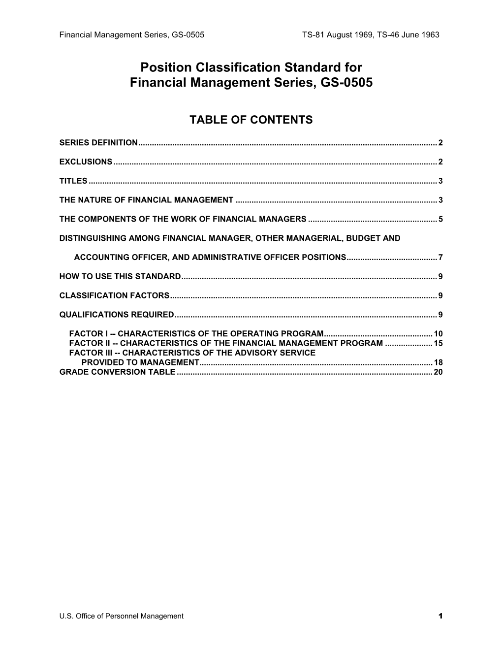 Financial Management Series, GS-0505 TS-81 August 1969, TS-46 June 1963