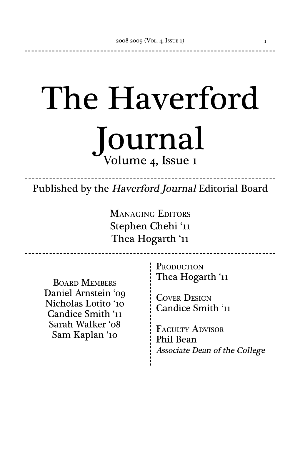 The Haverford Journal Volume 4, Issue 1