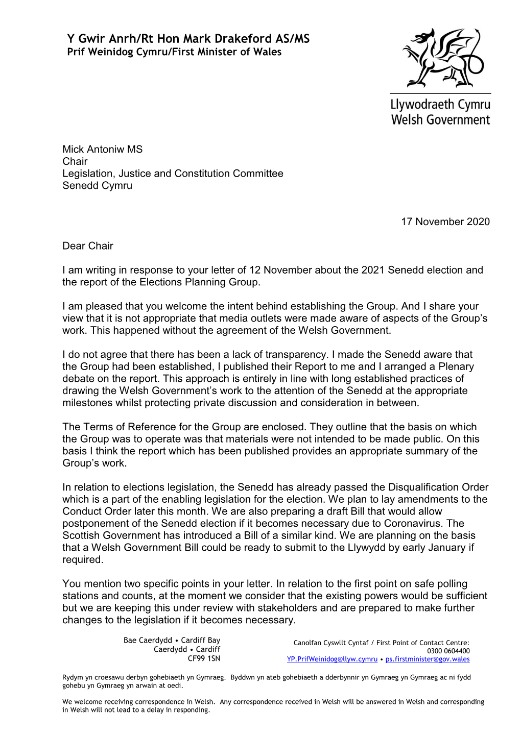 Letter from the First Minister: 2021 Senedd Election