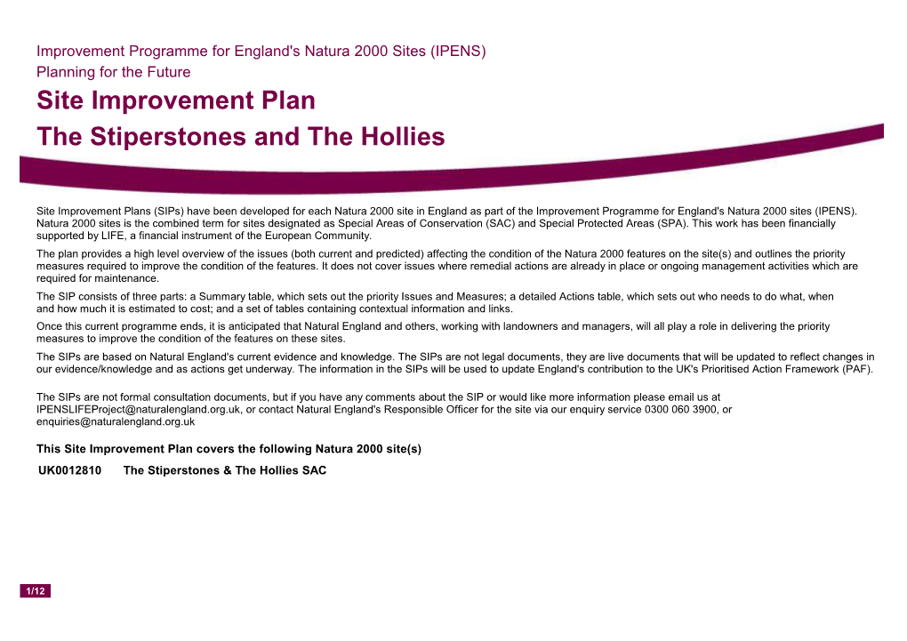 Site Improvement Plan the Stiperstones and the Hollies