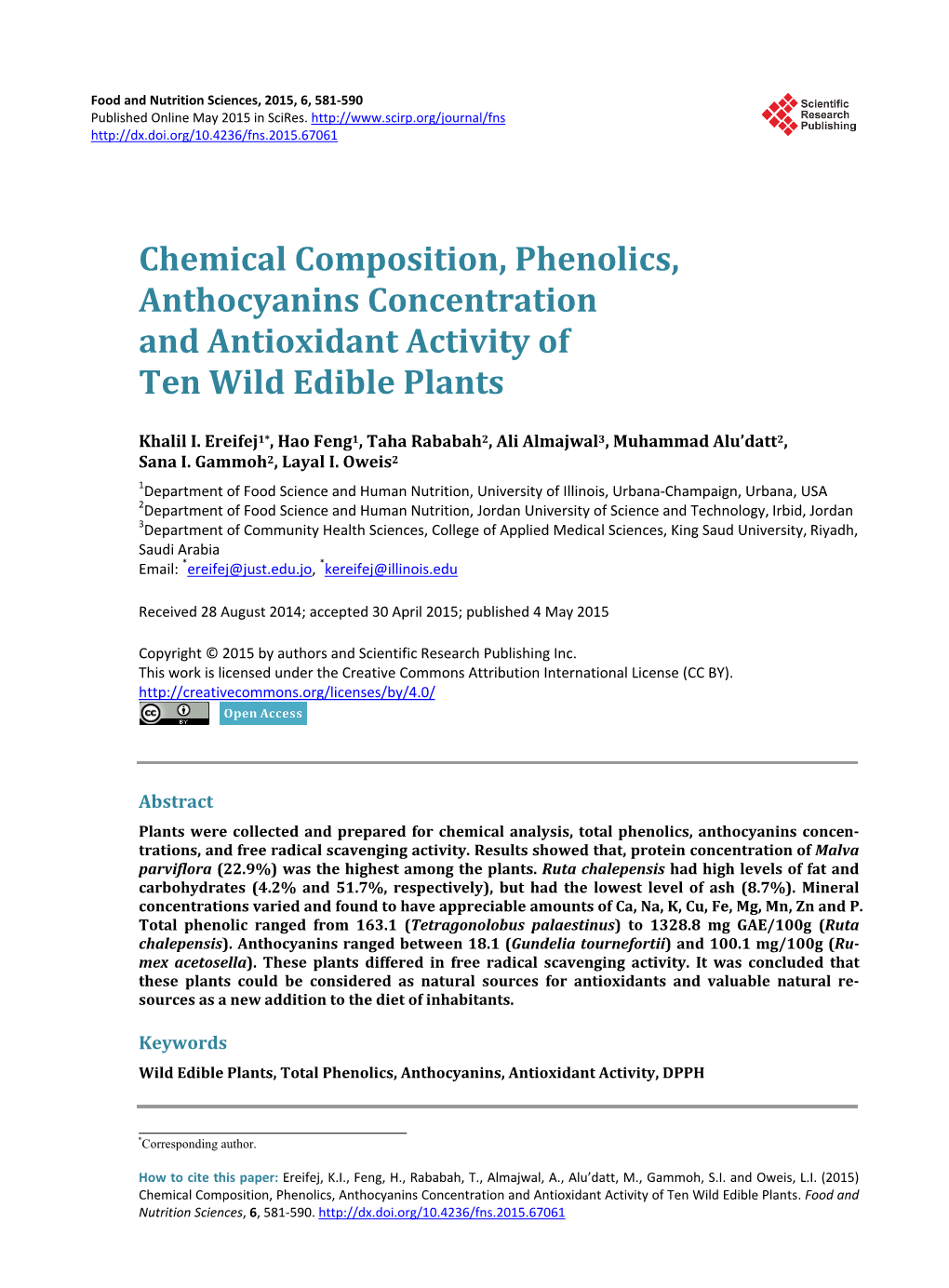 Chemical Composition, Phenolics, Anthocyanins Concentration and Antioxidant Activity of Ten Wild Edible Plants