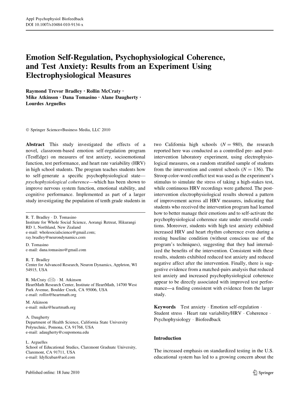 Emotion Self-Regulation, Psychophysiological Coherence, and Test Anxiety: Results from an Experiment Using Electrophysiological Measures