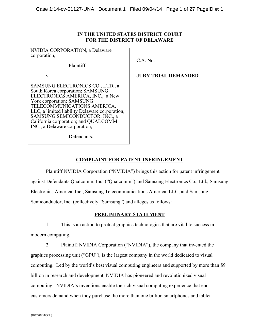 Case 1:14-Cv-01127-UNA Document 1 Filed 09/04/14 Page 1 of 27 Pageid #: 1