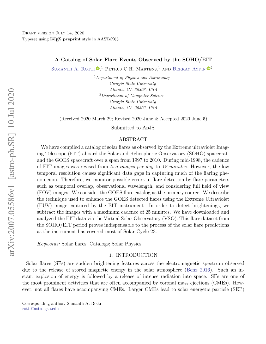 Arxiv:2007.05586V1 [Astro-Ph.SR] 10 Jul 2020 1