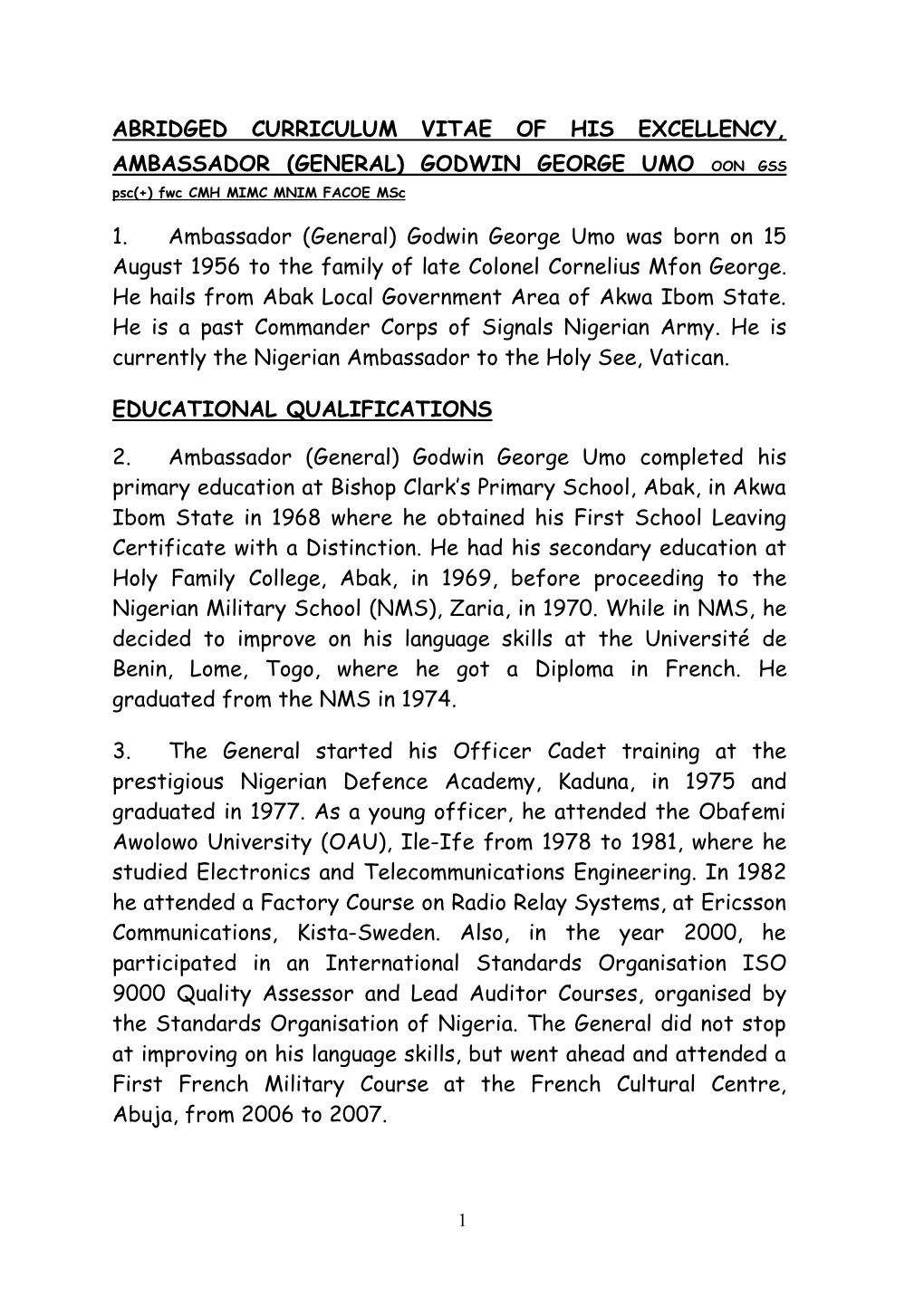 Curriculum Vitae of His Excellency