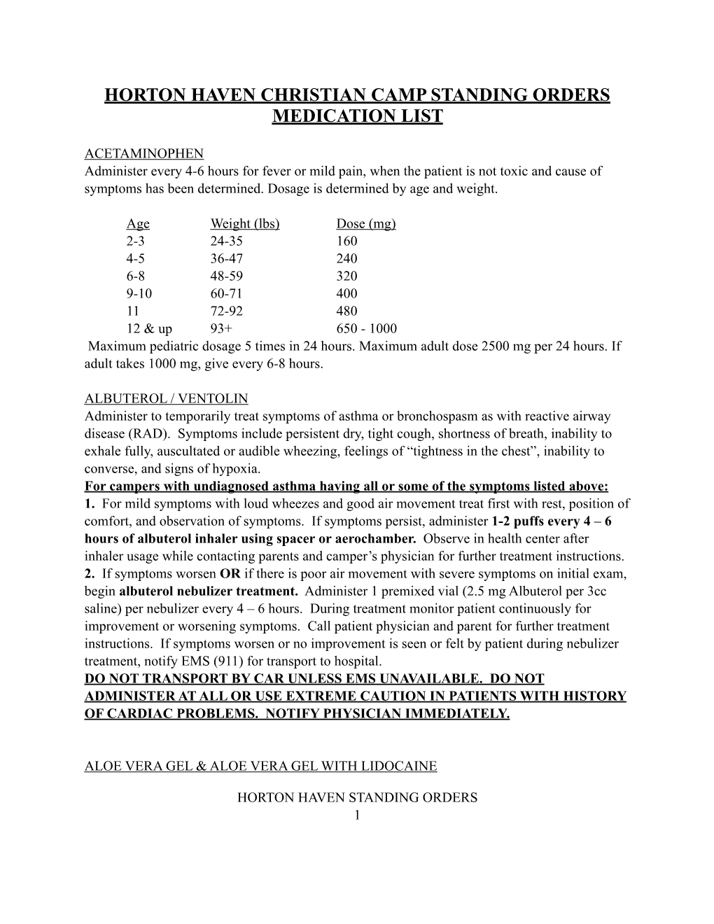 Standing Order Medication List