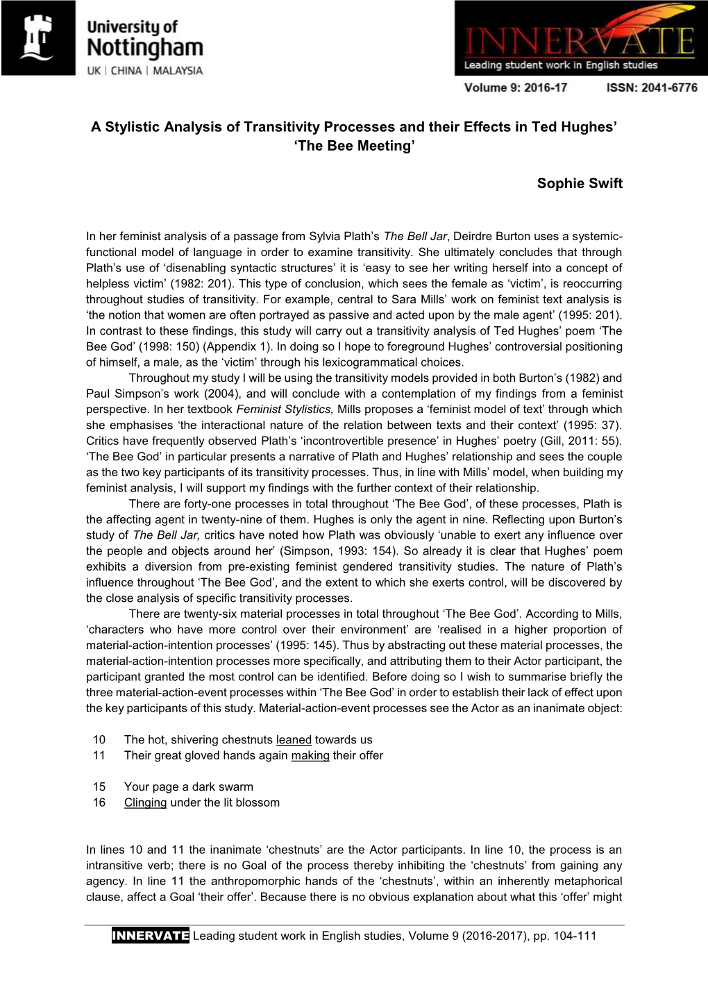 A Stylistic Analysis of Transitivity Processes and Their Effects in Ted Hughes’ ‘The Bee Meeting’